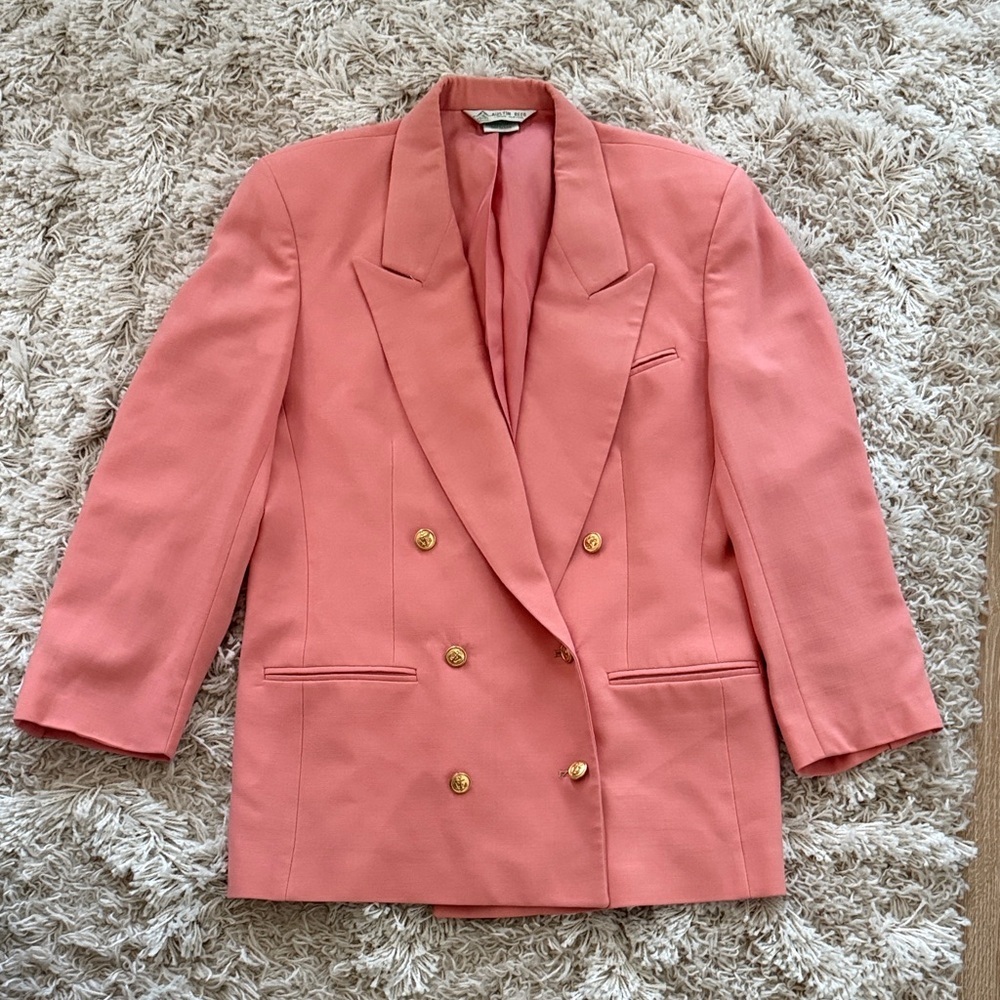 Vintage Austin Reed 100% Wool Coral Double Breasted Blazer Gold Button Tailored